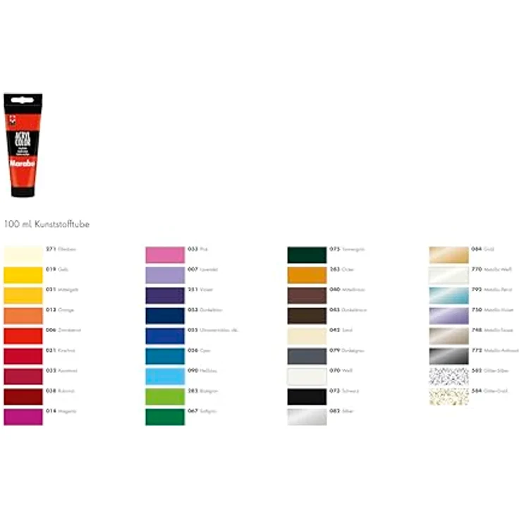 Marabu Acryl Color Set 1201000000087, 5 x 100 ml in Gelb, Zinnoberrot, Dunkelblau, Weiß und Schwarz, seidenmatte Acrylfarbe auf Wasserbasis, schnell trocknend, gut deckend, mischbar – Bild 2