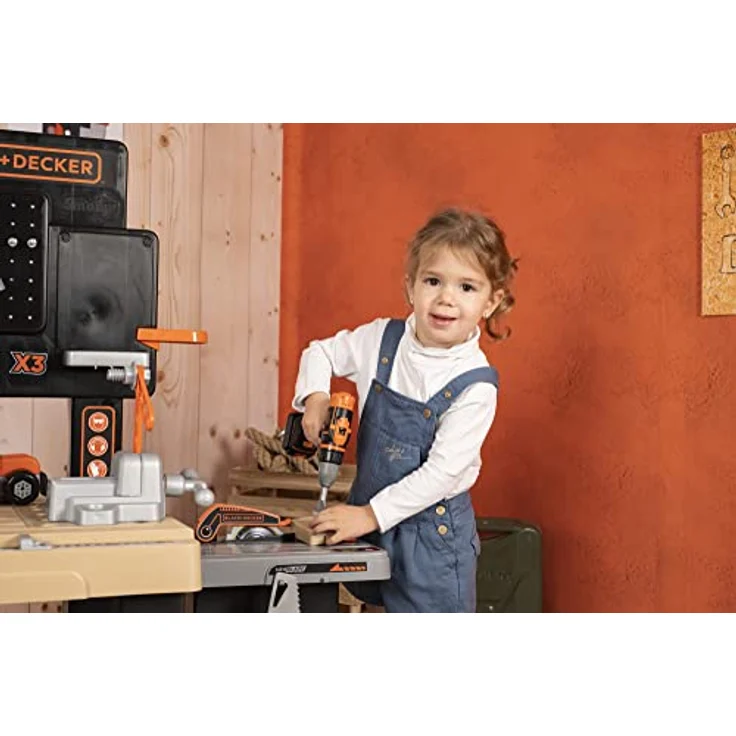 Smoby Toys - Black+Decker Mega Werkbank Center (100 Teile) - Spielzeug-Werkstatt für Kinder ab 3 Jahren mit Werkzeug, Nagelbrett, Autobausatz & mechanischem Akkuschrauber – Bild 14