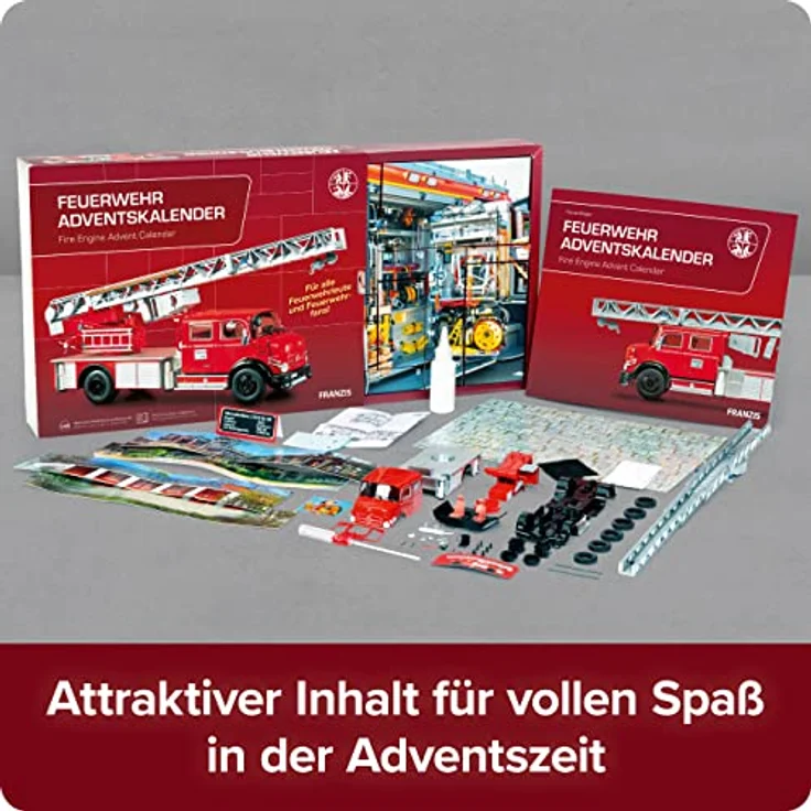 FRANZIS 67206 - Feuerwehr Adventskalender, Metall Modellbausatz des Mercedes-Benz L1519 im Maßstab 1:43, inkl. 52-seitigem Begleitbuch – Bild 2