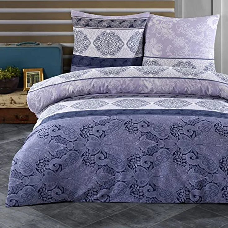 Buymax Bettwäsche 135x200 Baumwolle 2-Teilig Bettgarnitur mit Bettbezug und Kissenbezug 80x80 Renforce Bettwäsche-Set Blumenranken Rankenmuster Barock, Flieder Lila – Bild 1