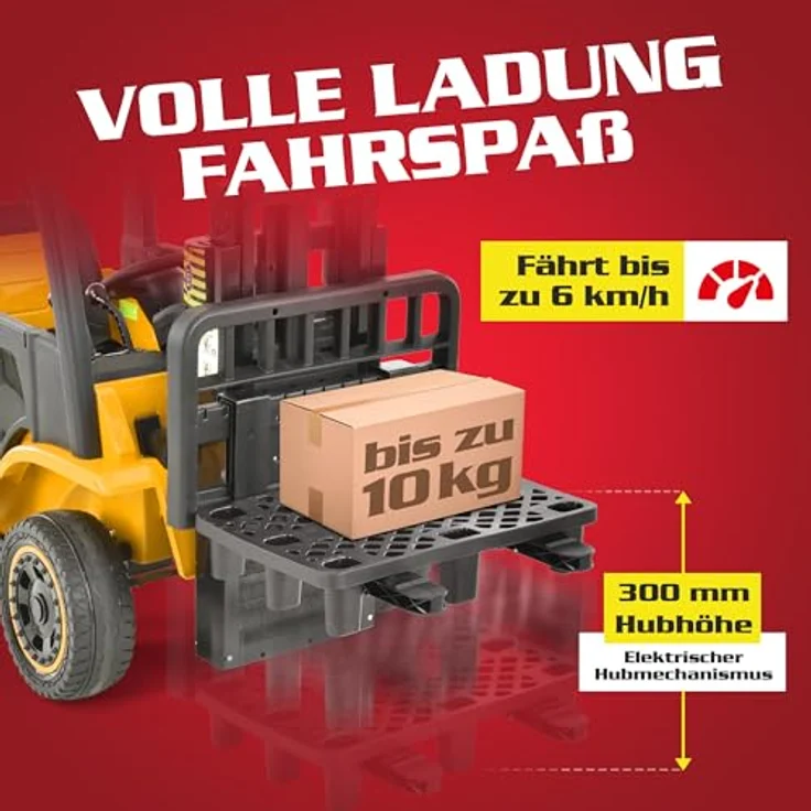 HECHT Kinder Elektro Gabelstapler 12 V, ferngesteuertes Elektroauto mit 2 × 40 W Motoren, Fernbedienung, inkl. Palette, 35 kg Traglast, bis 6 km/h, für Kinder ab 3 Jahren, Gelb – Bild 2