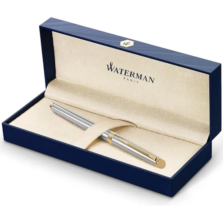 Waterman Hémisphère, Schreibstift aus gebürstetem Edelstahl mit goldplattierten Details, blau