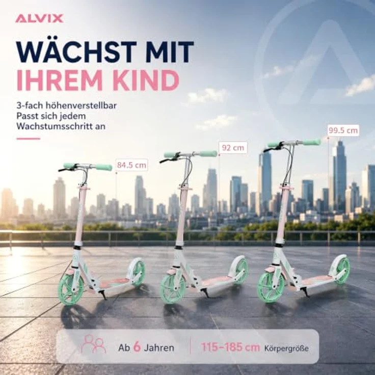 ALVIX Cityroller Kinderroller K-Serie mit Handbremse, faltbar, 200-mm-LED-Räder, breites 120-mm-Deck, Tragegurt, empfohlen ab 6 Jahren – Bild 7