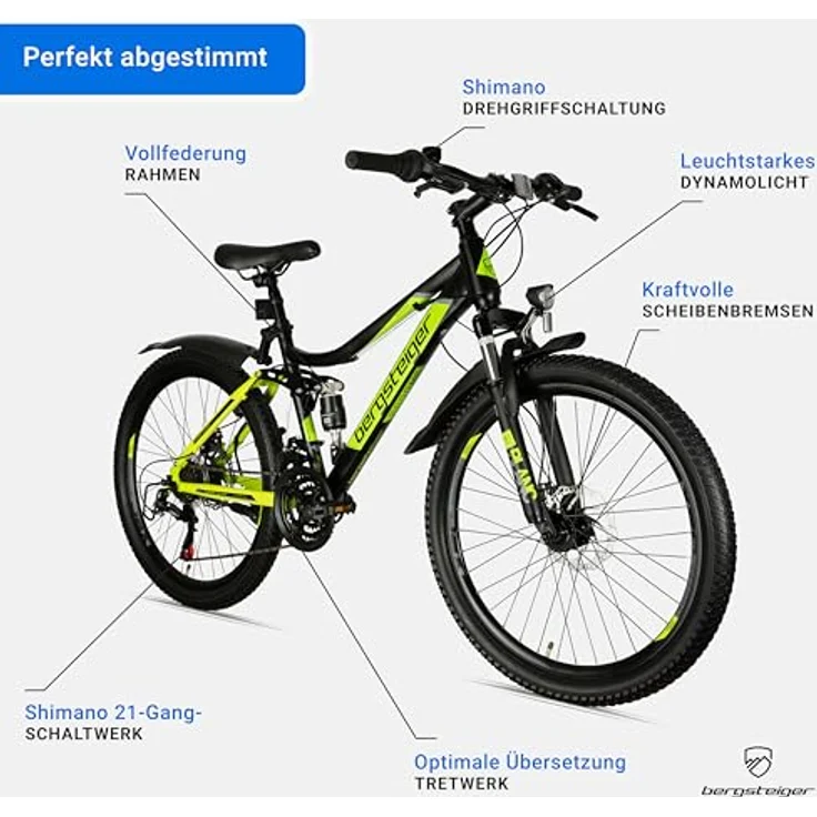 Bergsteiger Broome 24, 26 Zoll Kinderfahrrad, Shimano 21 Gang-Schaltung, StVZO, Mountainbike mit Vollfederung, Scheibenbremsen & Dynamo-Licht, geeignet für 8, 9, 10, 11, 12, 13 Jahre, Jungen & Mädchen – Bild 5