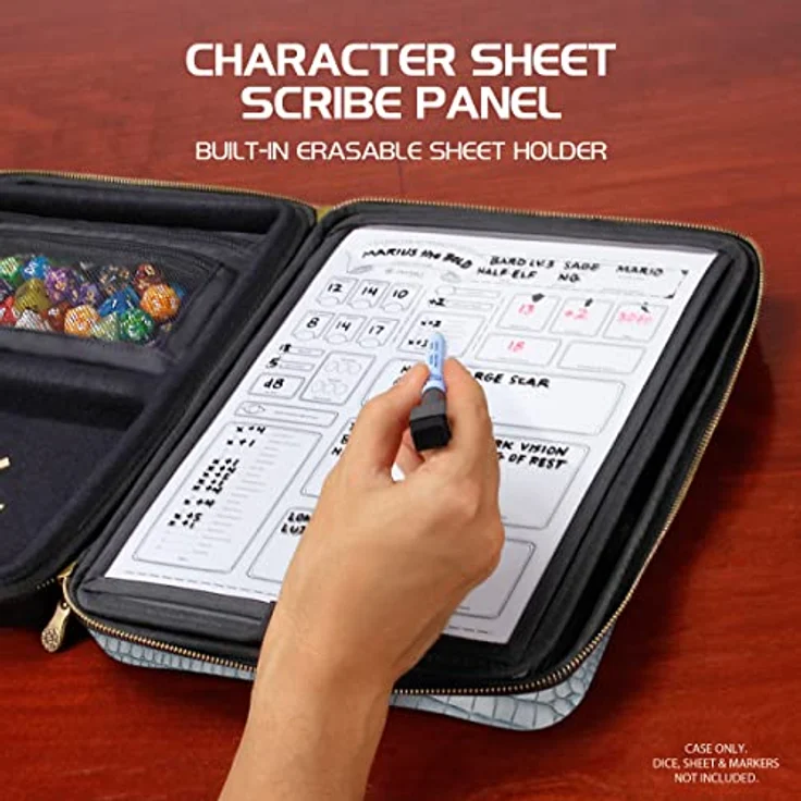 ENHANCE RPG-Organizer-Etui, Sammleredition – DND-Ordner mit Charakterbogenhalter, Würfelrollbereich, herausnehmbarer Stifttasche, Miniatur-Schaumstoffablage, Drachen Silber – Bild 4