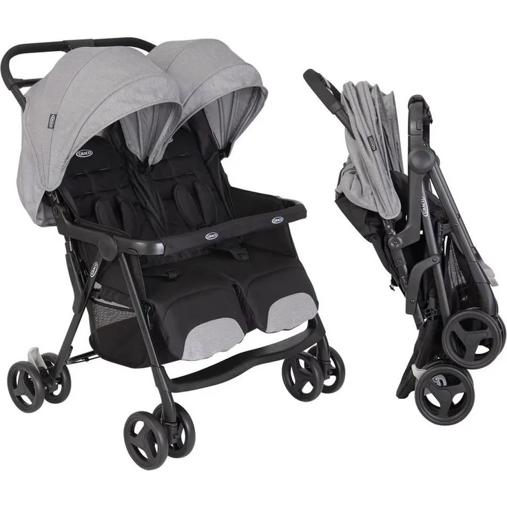 Graco Geschwisterwagen DuoRider - Steeple Gray, Zwillingswagen 12,1 kg mit Liegeposition und Regenschutz