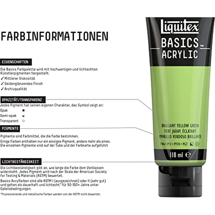 Liquitex Basics Acrylfarbe Gelbgrün Brillant, 118ml Tube, lichtecht, mittlere Viskosität, seidenglänzend, monopigmentiert, Archivqualität – Bild 3