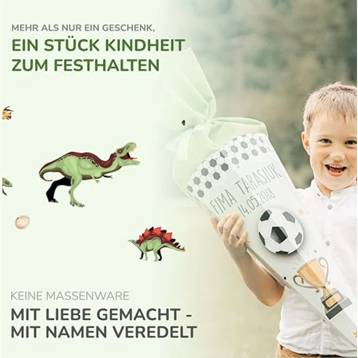 Kidsmood Dinosaurier Schultüte, personalisiert mit Namen, hochwertiges Bastelset inkl. Rohling, Stoff & Holzschild, uriges Dino Design für Einschulung 2026, ideales Geschenk für Jungen – Bild 4