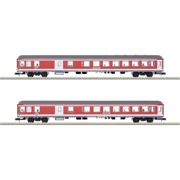 MiniTrix 18258 N 2er-Set Personenwagen RE 7 Freizeitexpress Murgtäler der DB AG, Modelleisenbahn-Wagen mit Kurzkupplung, Neukonstruktion, Vorbereitet für Innenbeleuchtung, 330 mm, MiniTrix – Bild 1