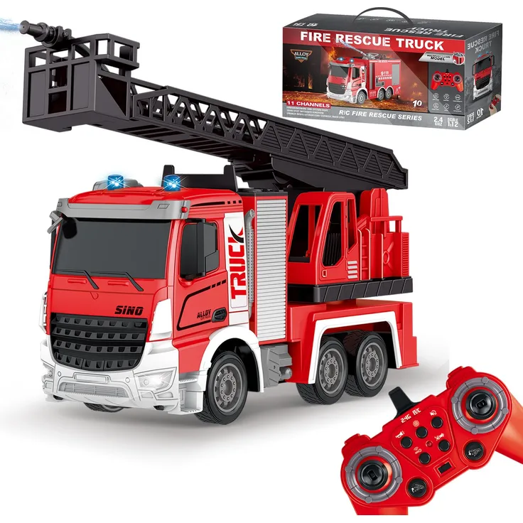 ESUN RC-Auto Spielzeug Feuerwehrauto mit Drehleiter und Spritzfunktion, 2,4G Fernbedienung