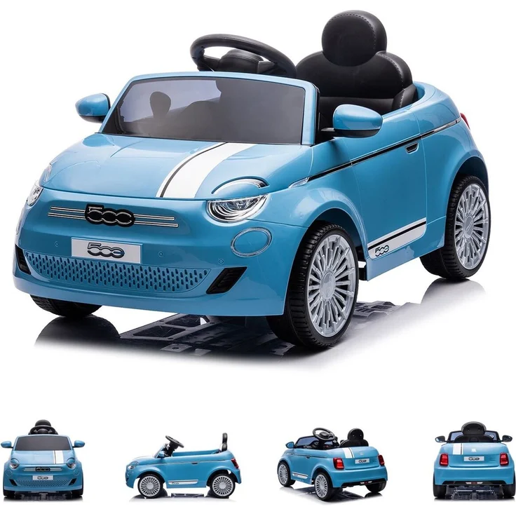 Chipolino Kinder Elektroauto Fiat 500 Fernbedienung, Sicherheitsgurt, MP3, USB hellblau