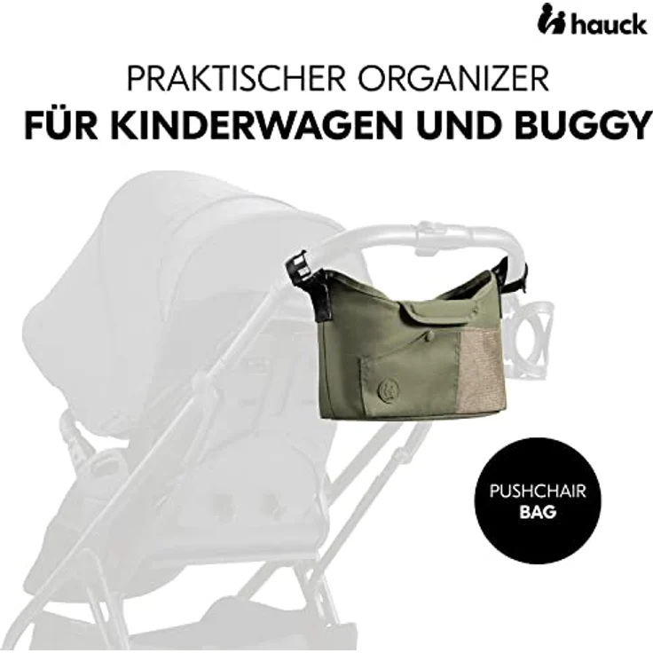 Hauck Organizer für Kinderwagen und Buggy - Große Baby Kinderwagentasche Buggytasche Wickeltasche mit Getränkehalter/Becherhalter, Leicht Zugänglich, Einfache Befestigung (Olive) – Bild 3