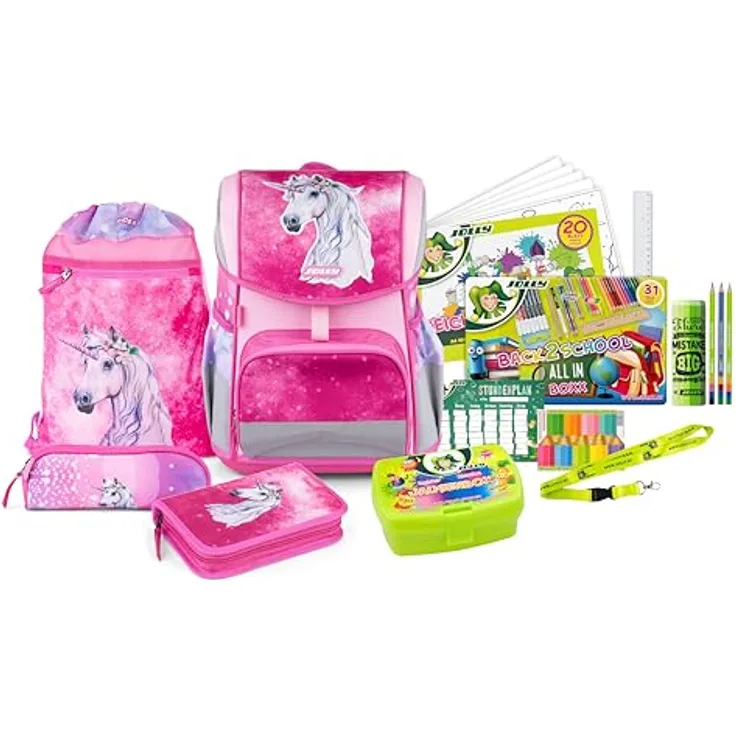 JOLLY Schultaschenset Ergonomic Flexi - Höhenverstellbarer Rücken, 46-Teilig, Sicherheitsstreifen, inkl. Zubehör, an Kindergröße anpassbar