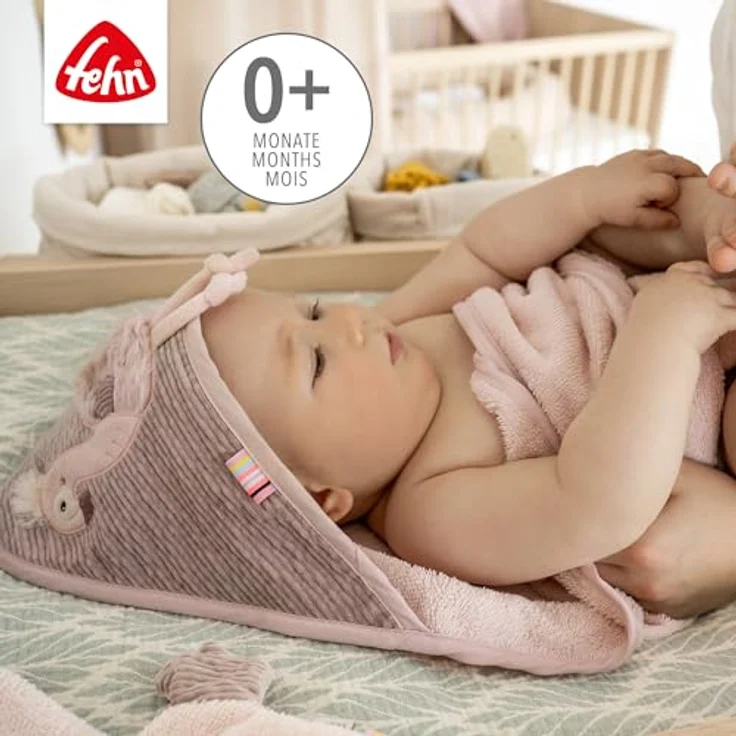Fehn Kapuzenbadetuch Flamingo, Bade-Poncho aus Frottee mit Kapuze, saugstark & pflegeleicht, 80 x 80 cm, für Babys und Kleinkinder ab 0+ Monaten – Bild 3