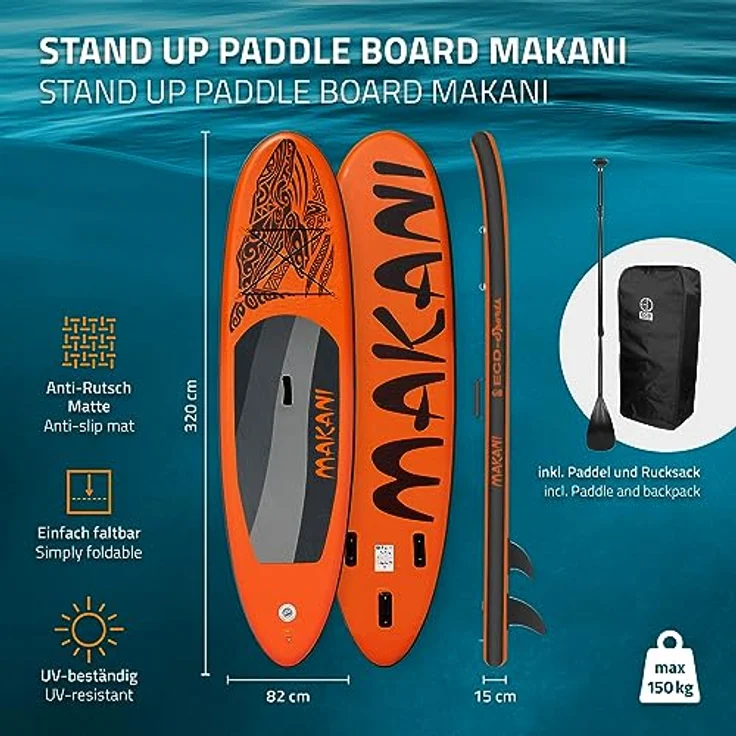 ECD Germany Aufblasbares Stand Up Paddle Board Makani, 320 x 80 x 15 cm, Orange, PVC, bis 120 kg, inkl. Pumpe, Tragetasche und Zubehör – Bild 2