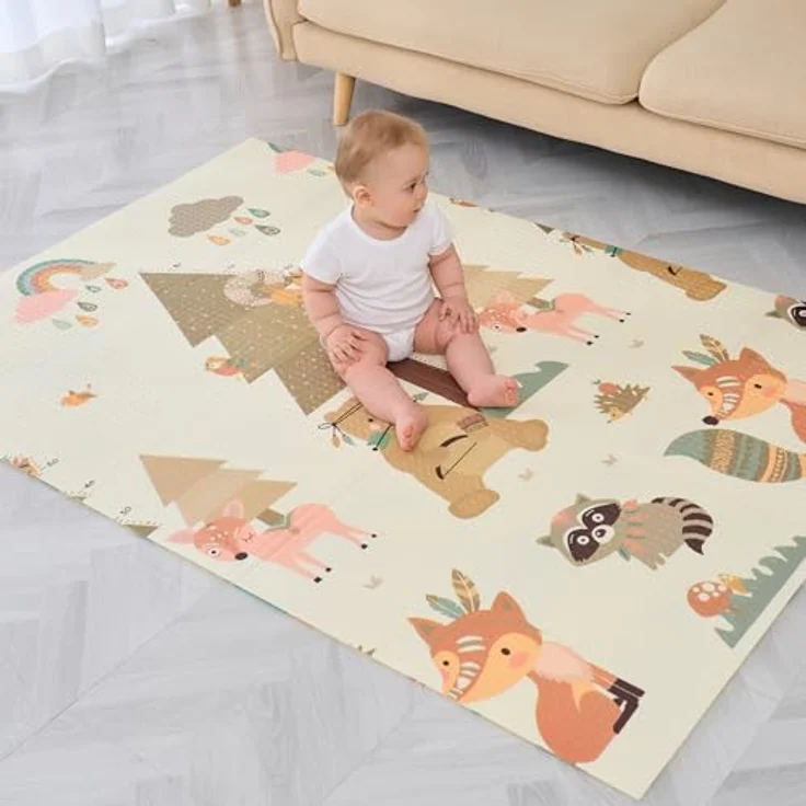 SUPERBE BEBE Krabbelmatte Faltbar, Spielmatte 120x180x1cm, Ökologisch & Schadstofffrei, Wasserfest, Antirutsch, Umkehrbar, Pädagogisch, Multifunktional – Bild 1