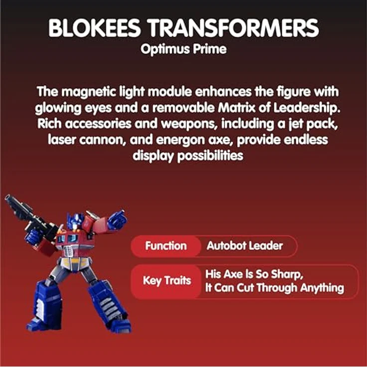 BLOKEES Transformers Classic Class G1 Optimus Prime Modell, 18 cm hoch, mit Ionenblaster, Energon-Axt und Jetpack, leuchtende Augen – Bild 3