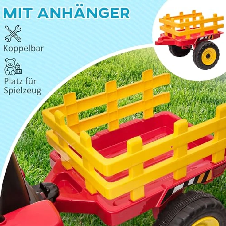 HOMCOM Elektro-Kinderauto Elektrischer Traktor mit Anhänger und Fernbedienung, Belastbarkeit 30 kg, für Garten und Balkon, Rot – Bild 3