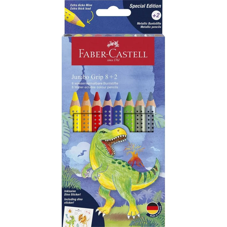 Faber-Castell Buntstift Buntstifte Jumbo GRIP Dino - 8+2 Farben, Kartonetui inkl. Dinosticker – Bild 1