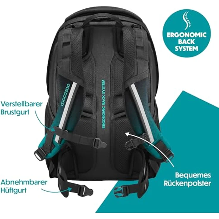 Coocazoo Schulrucksack Every „Teal Shadows“, ergonomischer Tornister, höhenverstellbar, 30 Liter Volumen, schwarz-blau, für ab der 3. Klasse, mit Brust- und Hüftgurt, aus 100% recycelten PET-Flaschen – Bild 4