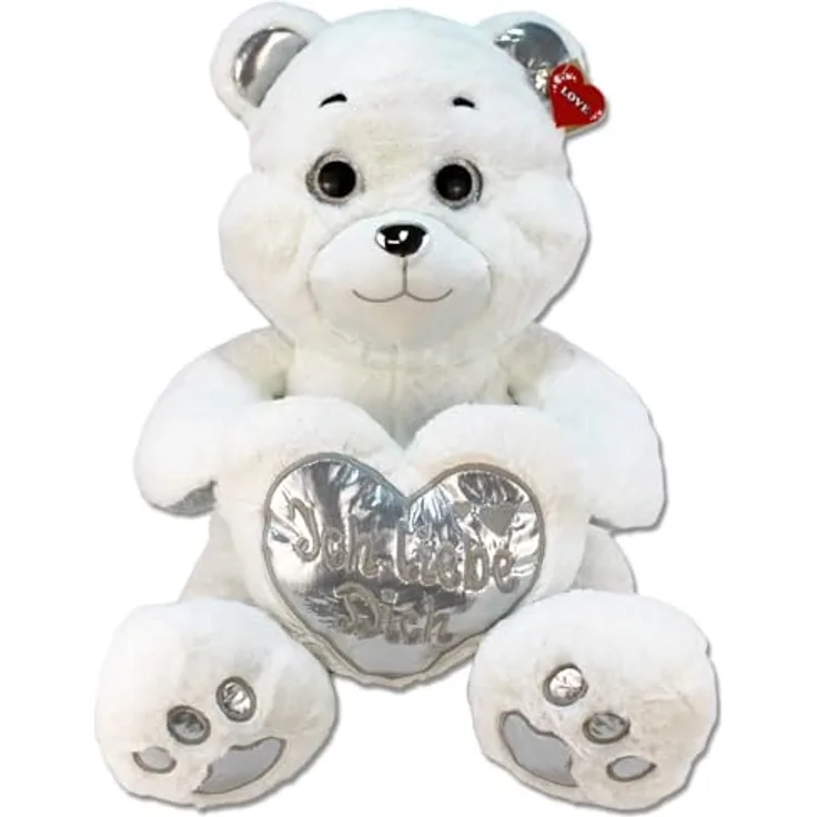 BEMIRO Ich Liebe Dich Teddy 60 cm – Kuscheltier mit recyceltem Füllmaterial, Glitzeraugen, verchromte Nase, flauschig weich, mit Schlaufe (Silber)
