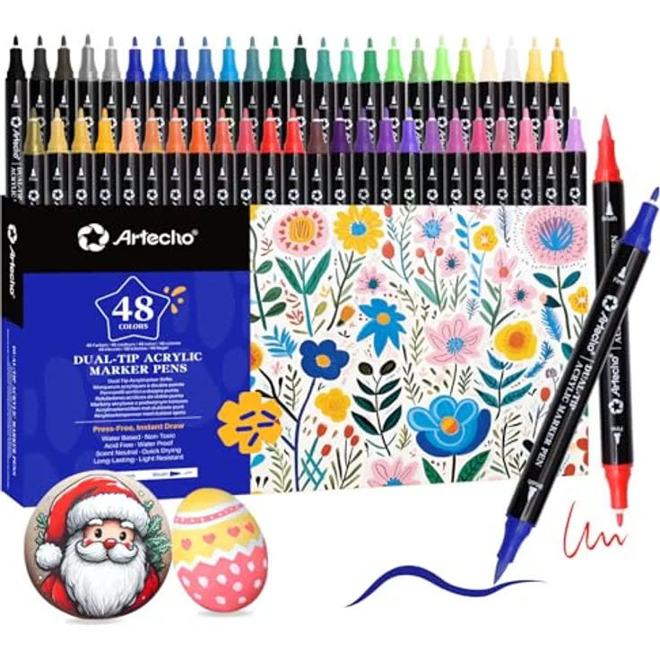 Artecho Acrylstifte 48 Farben, wasserfeste Dual Tip Marker mit Pinsel- und feiner Spitze, 0.5-5mm für Rock Painting, Glas, Papier, Holz, Keramik und DIY Crafts