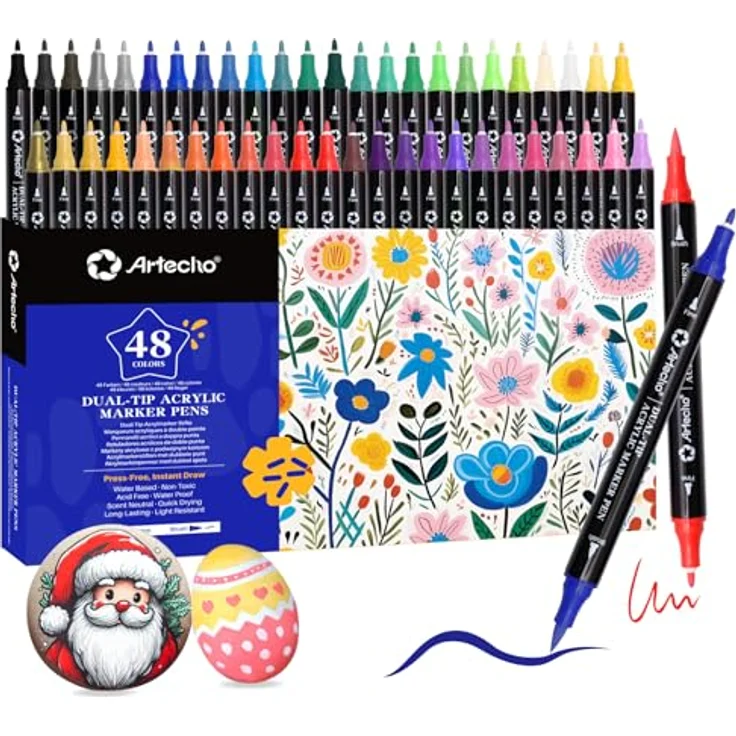 Artecho Acrylstifte 48 Farben, wasserfeste Dual Tip Marker mit Pinsel- und feiner Spitze, 0.5-5mm für Rock Painting, Glas, Papier, Holz, Keramik und DIY Crafts – Bild 1