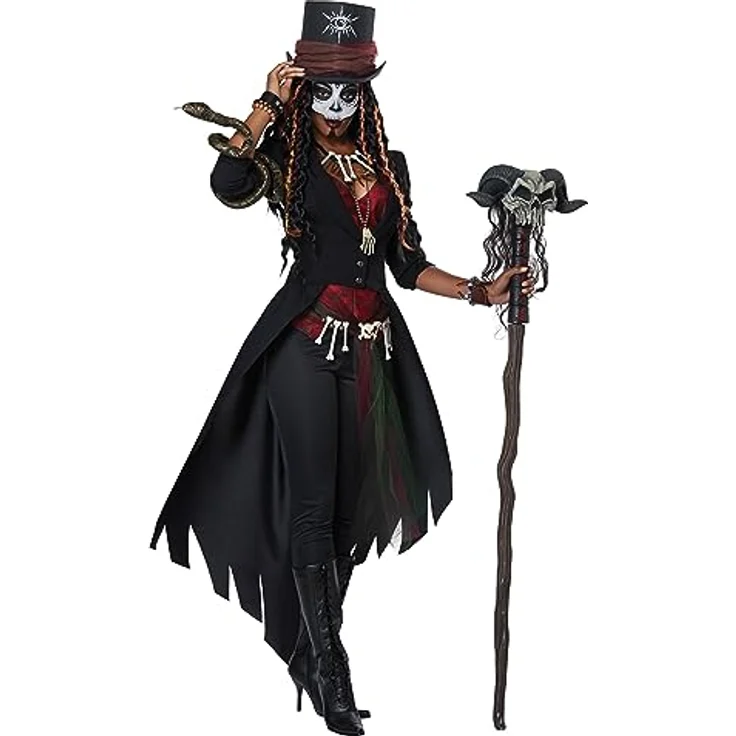 Metamorph Voodoo Mistress Kostüm, XL, mit frackähnlichem Mantel, roter Weste und Zylinderhut, inklusive Voodoo-Accessoires – Bild 2