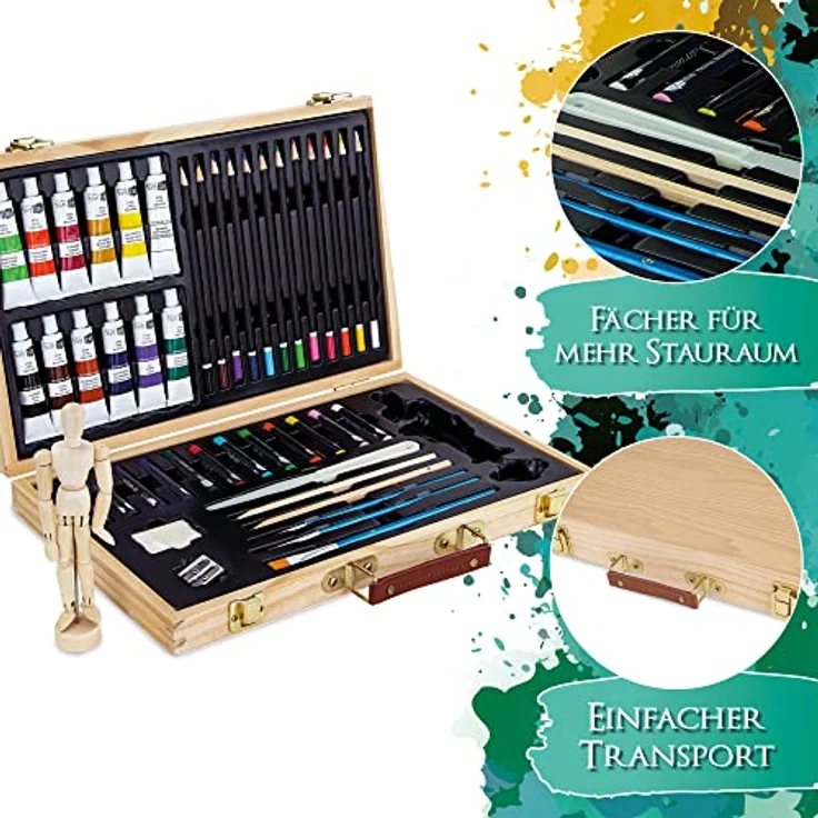 Artina Kreativset Leonardo, 45tlg. Malset mit 12 Acrylfarben, 12 Buntstiften und Gliederpuppe im Holzbox – Bild 2