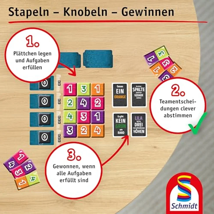 Schmidt Spiele 49484 Tippi Toppi, Hoch Hinaus! Legespiel für 1-4 Spieler, ab 8 Jahren, Spieldauer 30 Minuten, Blau, Weiß, Grün – Bild 5