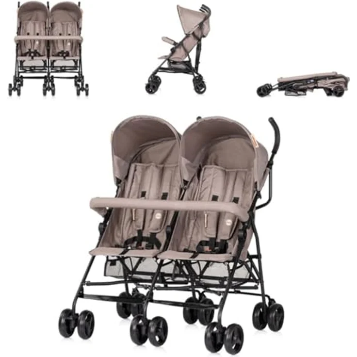 Chipolino Zwillingskinderwagen Double Point, klappbar mit großem Einkaufskorb, verstellbaren Rückenlehnen und Sonnendächern, beige – Bild 1