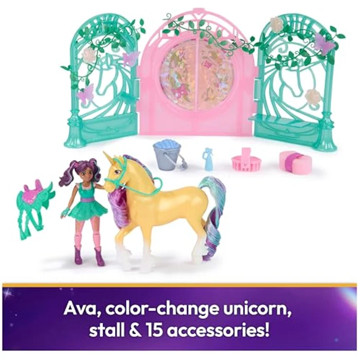 Spin Master Anziehpuppe Unicorn Academy - Stall Spielset, Ava & Leaf mit Farbwechseleffekt und 15 Zubehörteilen – Bild 2
