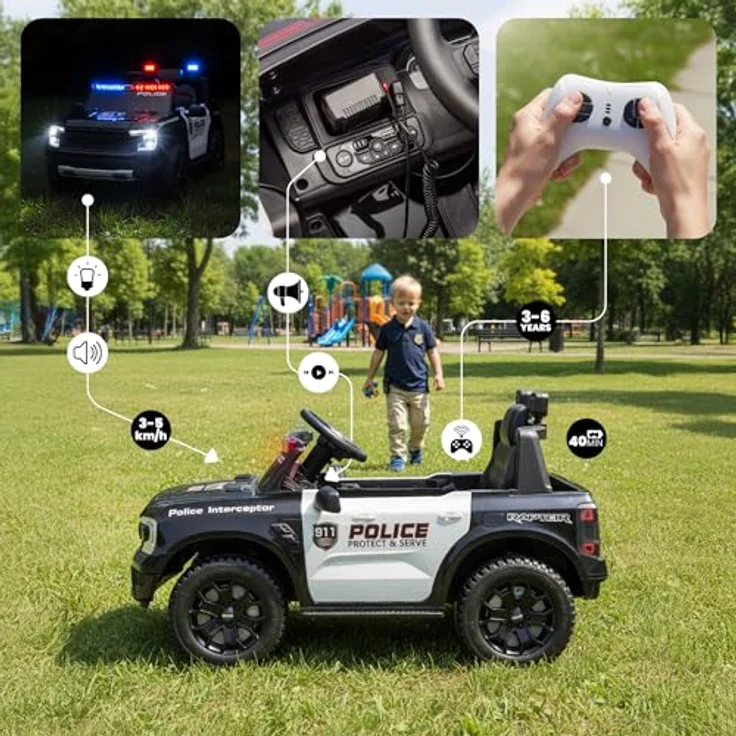 sun baby Ford Kinder Elektroauto, Elektroauto für Kinder 3-6 Jahre, 30W Motor, Fernsteuerung, Federung, Scheinwerfer, MP3-Player (Polizei) – Bild 2