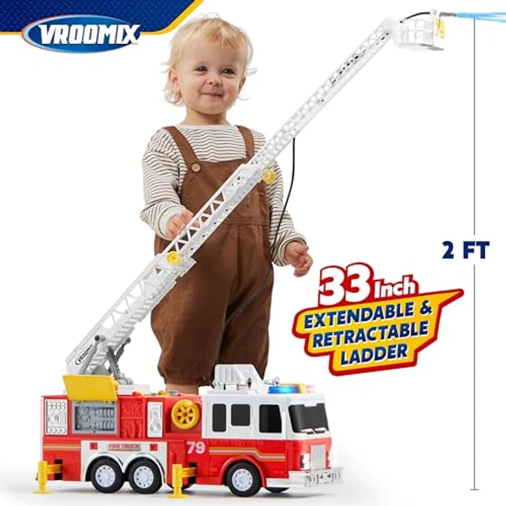 JOYIN Groß Feuerwehrauto Spielzeug, 83 cm Leiter, elektrischen Knöpfen, Lichtern, Sirene, drehbarer Schlauchtrommel und abnehmbarer Wasserpumpe, ab 2 Jahre – Bild 4