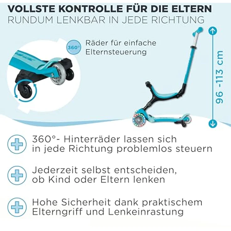 Globber Go Up Active Lights 360 aqua, 3-in-1 Scooter mit LED-Rädern und 360°-Elternlenkung – Bild 5