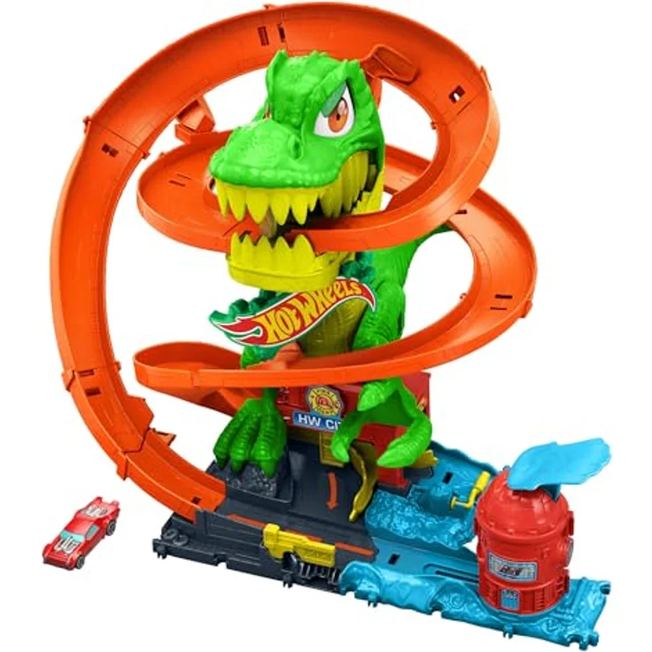 Hot Wheels T-Rex-Schlacht Rennbahn, Autorennbahn mit Die-Cast Feuerwehrwagen im Maßstab 1:64, interaktive T-Rex-Funktionen und Aufbewahrungsmöglichkeiten für Autos – Bild 1