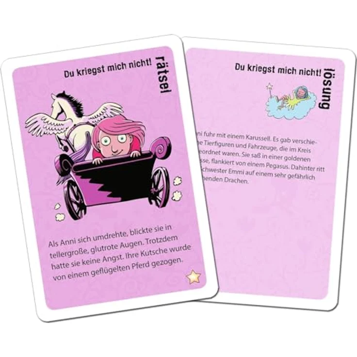 moses 90096 Black Stories Junior Märchenzauber-50 Einhorn Rätsel Kartenspiel mit Spielvariante und Punktechips, für Kinder ab 8 Jahren, Yellow – Bild 5