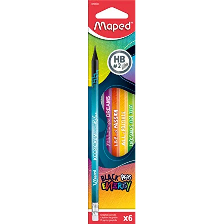 Maped BLACK'PEPS ENERGY Ergonomische Drei-Kant-Bleistifte mit Radiergummikopf, HB-mittel, 6er Pack, trendiger schwarzer Schaft mit buntem Motivationsdruck – Bild 2