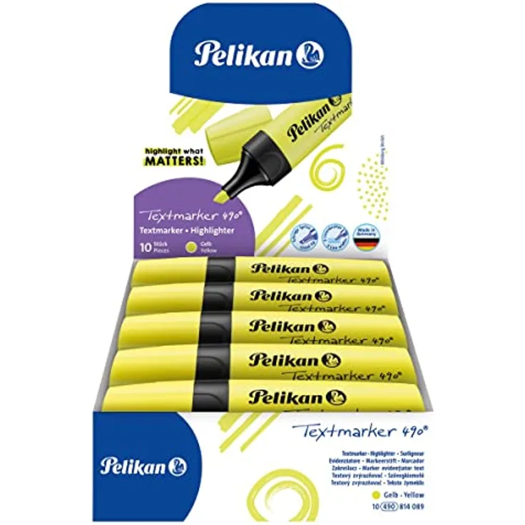 Pelikan 814089A 814089 Textmarker 490, Leuchtgelb, 10 Stück in Faltschachtel