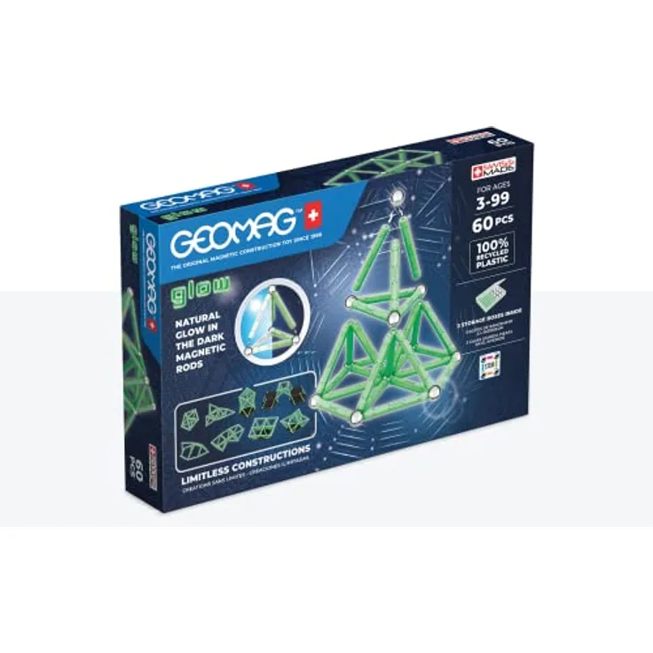 Geomag, Glow Recycled, Magnetische Konstruktionen mit Leuchteffekt, Magnetstäbe, die im Dunkeln Leuchten, 60-teilige Packung, 100% Recycling-Kunststoff