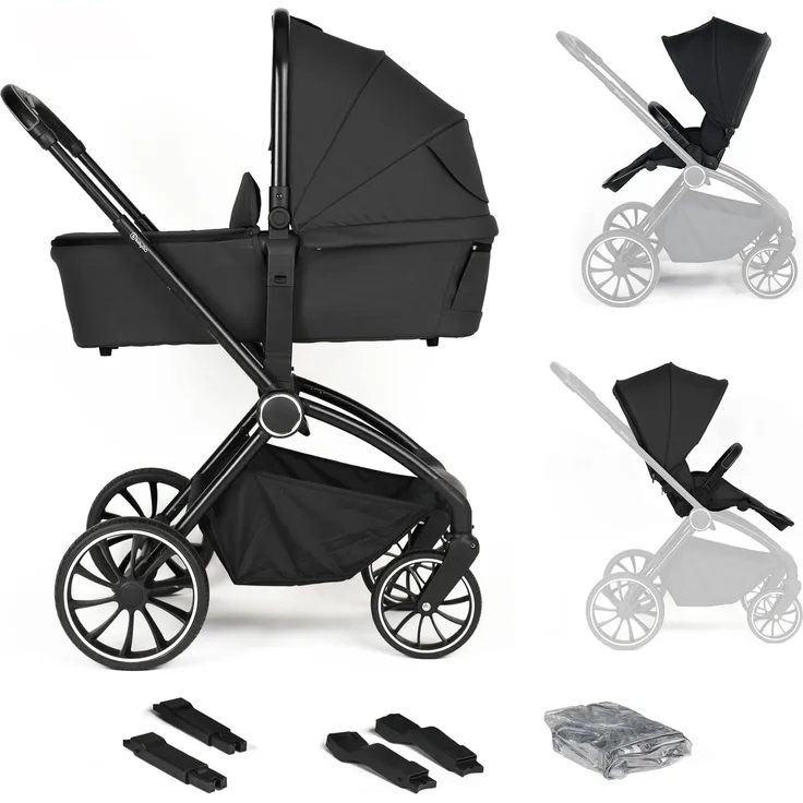 BabyGo 2in1 Kombikinderwagen Harmony, schwarz, mit verstellbarer Griffhöhe, Rückenlehne und komfortabler Babywanne