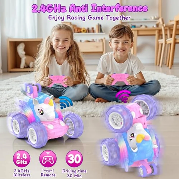FUIOCOCP Ferngesteuertes Einhorn Auto, 2.4GHz RC Stunt Monstertruck mit Leuchtenden Flügeln, für Kinder ab 3 Jahren, Rosa – Bild 4
