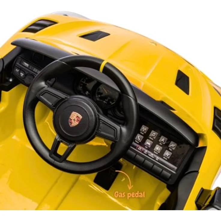 Vrooomy Porsche 718 Spyder RS, Kinder Elektroauto 12V mit Fernbedienung, für 1 bis 5 Jahre, Gelb, MP3-Player, Sicherheitsgurt, LED-Beleuchtung – Bild 7