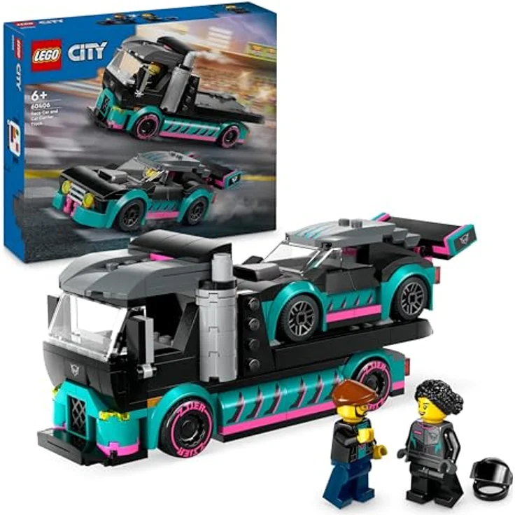 LEGO City Autotransporter mit Rennwagen, LKW-Spielzeug mit Verstellbarer Laderampe und Renn-Auto, Bauset mit 2 Minifiguren, Rennfahrer und LKW-Fahrer, Kinder ab 6 Jahren 60406 – Bild 1