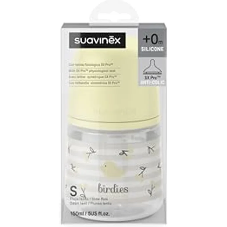 Suavinex Babyflasche 150 ml mit SX Pro Silikon-Sauger, Antikolik-Flasche mit langsamem Fluss (S), Design Birdies Beige, für Neugeborene ab 0 Monaten – Bild 4
