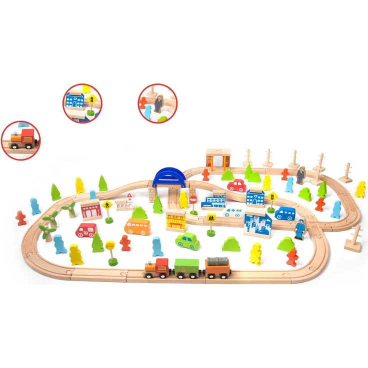 Classic World Holzeisenbahn-Set 110-teilig, hochwertiges Spielzeug aus Holz, fördert Kreativität und motorische Fähigkeiten für Kinder ab 3 Jahren