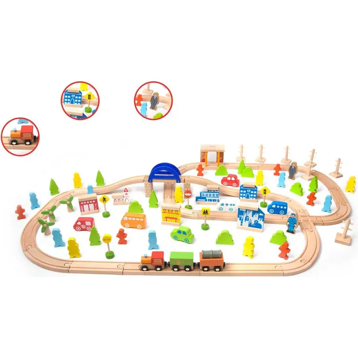 Classic World Holzeisenbahn-Set 110-teilig, hochwertiges Spielzeug aus Holz, fördert Kreativität und motorische Fähigkeiten für Kinder ab 3 Jahren