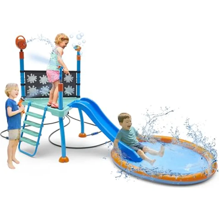 Plum Waterpark Splash Station, Wasserrutschen-Set mit Wasserblaster, 8-Musterregner und rutschfester Spielplattform – Bild 1