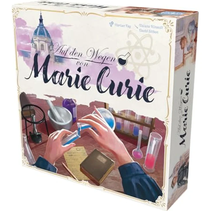 Sorry We are French, Auf den Wegen von Marie Curie, Brettspiel für 2-4 Spieler, ab 10 Jahren, 20-40 Minuten Spielzeit, Deutsch, mit hochwertigem Würfelturm und Biografie-Appendix – Bild 3