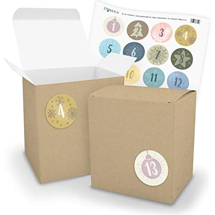 itenga Adventskalender zum Befüllen 24x extra große XL Würfel Schachteln mit Zahlenaufklebern (Würfel BRAUN, Bastelset zum Selberbefüllen) – Bild 1